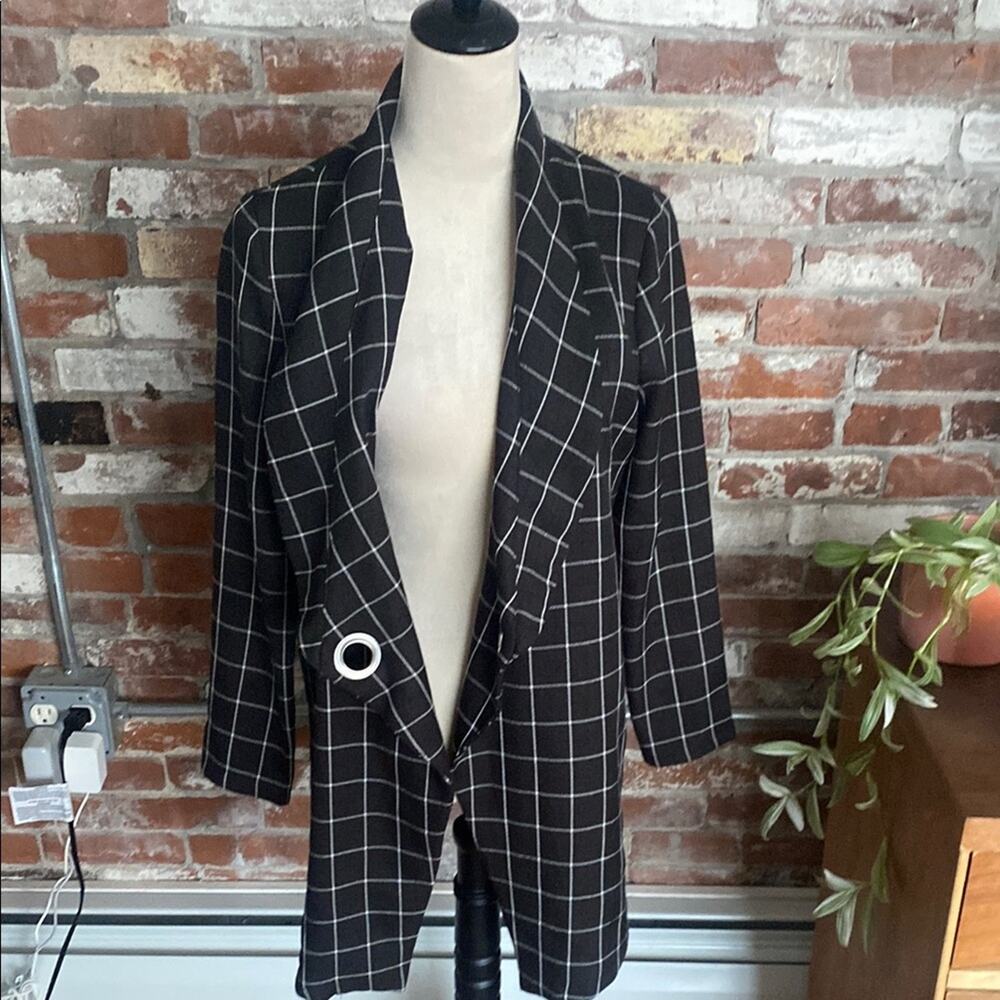 Black and White Checkered Women's Long Open Cardigan Size S